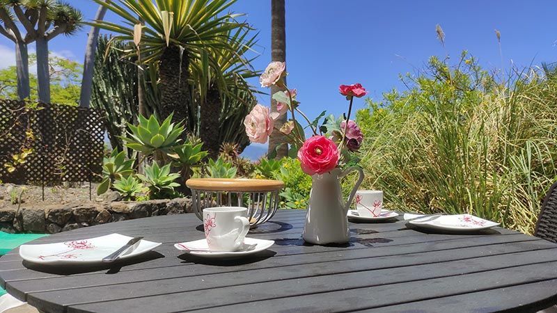 Frühstück auf der privaten Terrasse im subtropischen Garten – Ferienhaus mit Terrasse auf Teneriffa