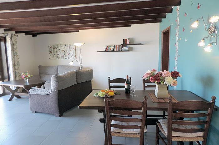Gemütliches-Wohnzimmer-im-Familienchalet-Faisan-Azul-Teneriffa-mit-zwei-Sofas-und-Gartenblick