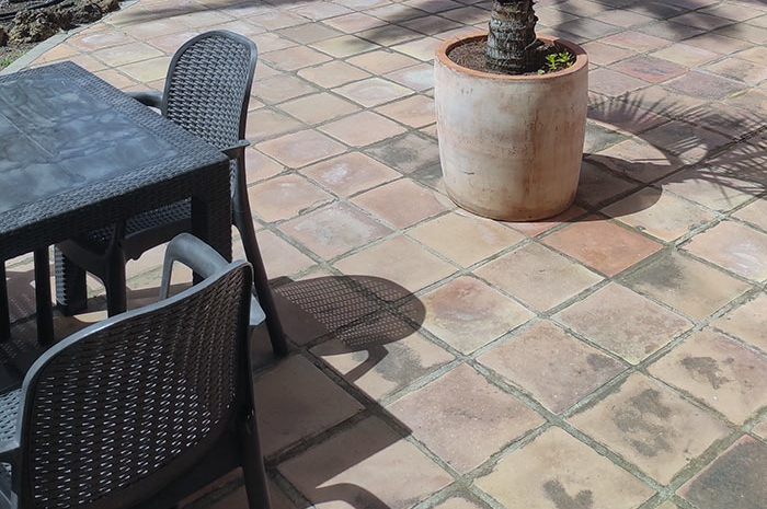 Sonnenterrasse mit Essbereich und Pflanztopf bei der Ferienwohnung Turmwohnung Teneriffa